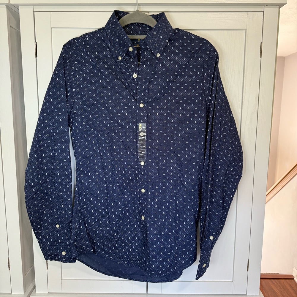 NWT Ralph Lauren Slim Fit Anchor Print Shirt Navy Blue Cotton Stretch Mens Small - Picture 2 of 10